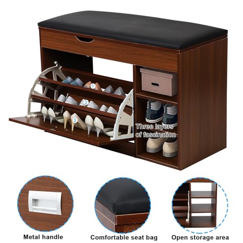 Shoe Storage Cabinet with Flip Drawers, 3 Tiers Wooden Hallway Bench V8352
