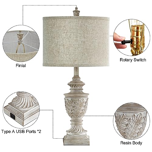 Farmhouse Table Lamps Set of 2, 26" Rustic Bedside Lamps with USB Ports Y9983