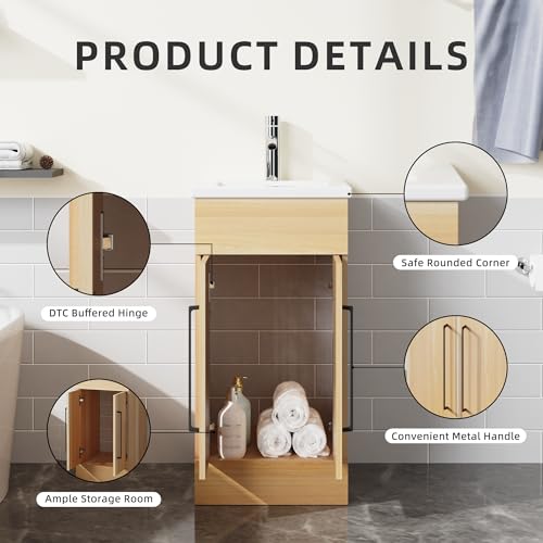 16" Bathroom Vanity Sink Combo with Storage Cabinet, White and Oak J86582