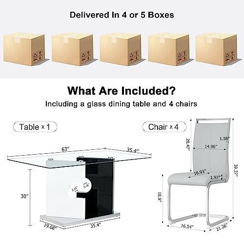Glass Dining Table Set for 4 with Tempered Glass Top and PU Leather Chairs U1572