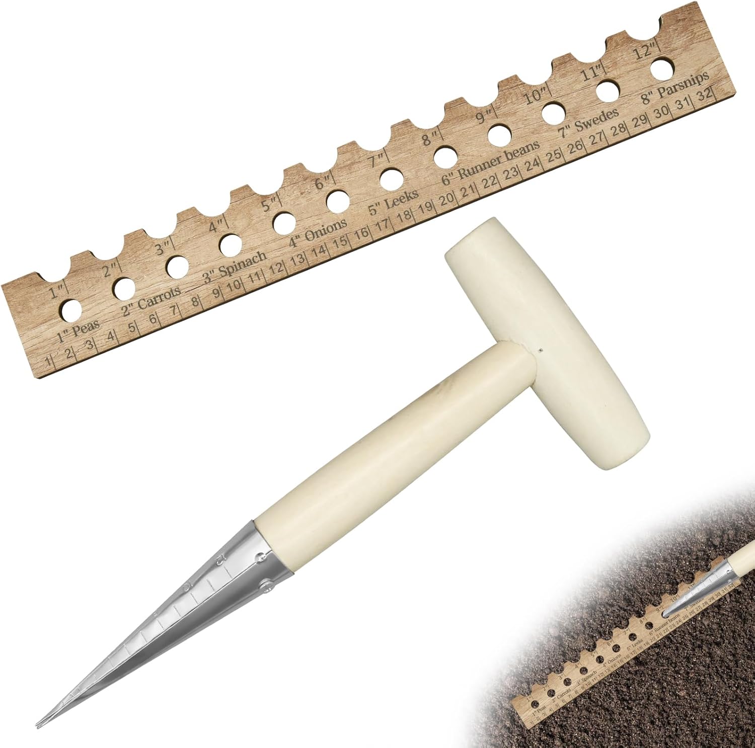 Seed Planter Tool Set, Dibber Garden Tool Tapered Seed Dibber & Wooden Seed Spacer Ruler with Holes, Garden Dibber Handheld Dibbler Gardening Tool for Precise Planting Making Holes Gardening Plants