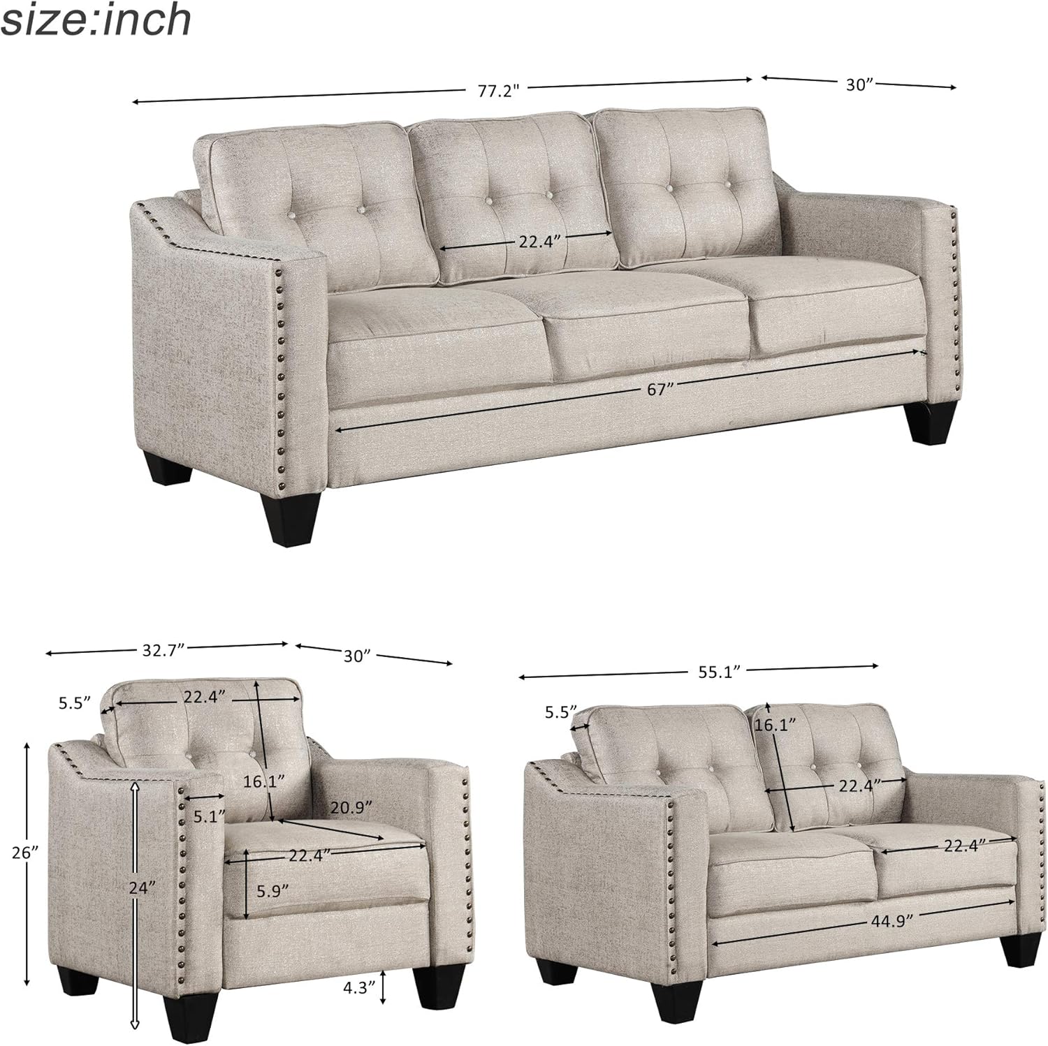 FANYE 3 Pieces Living Room Furniture Set, Loveseat and Armchair, Linen Fabric, Beige V6796