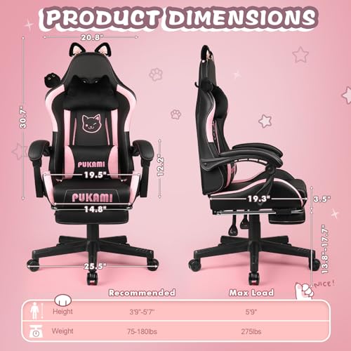 PUKAMI Pink Gaming Chair with Cat Ears and Footrest Q489025