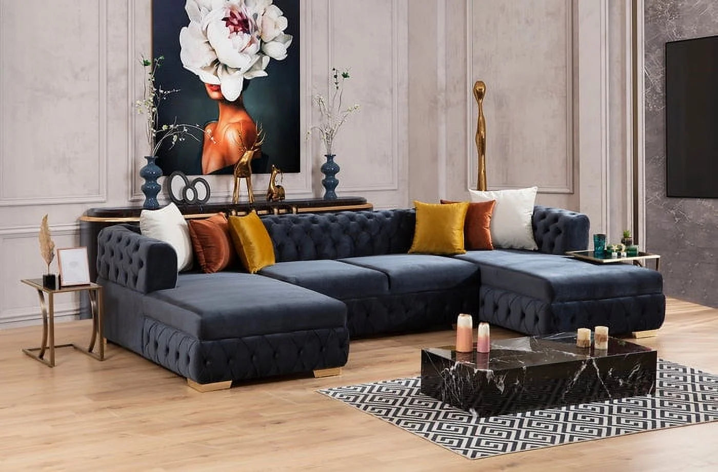 Paris Black Sectional Charcoal Velvet Double Chaise U660