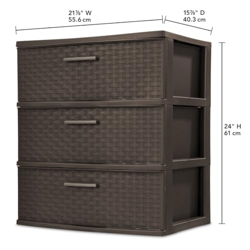 3 Drawer Wide Plastic Weave Tower with Pull Handles, Espresso Q666