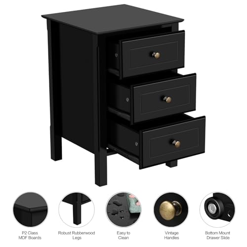 Yaheetech Bedside Table Set of 2, Nightstand with 3 Drawer and Solid Wood Legs, Black G20751