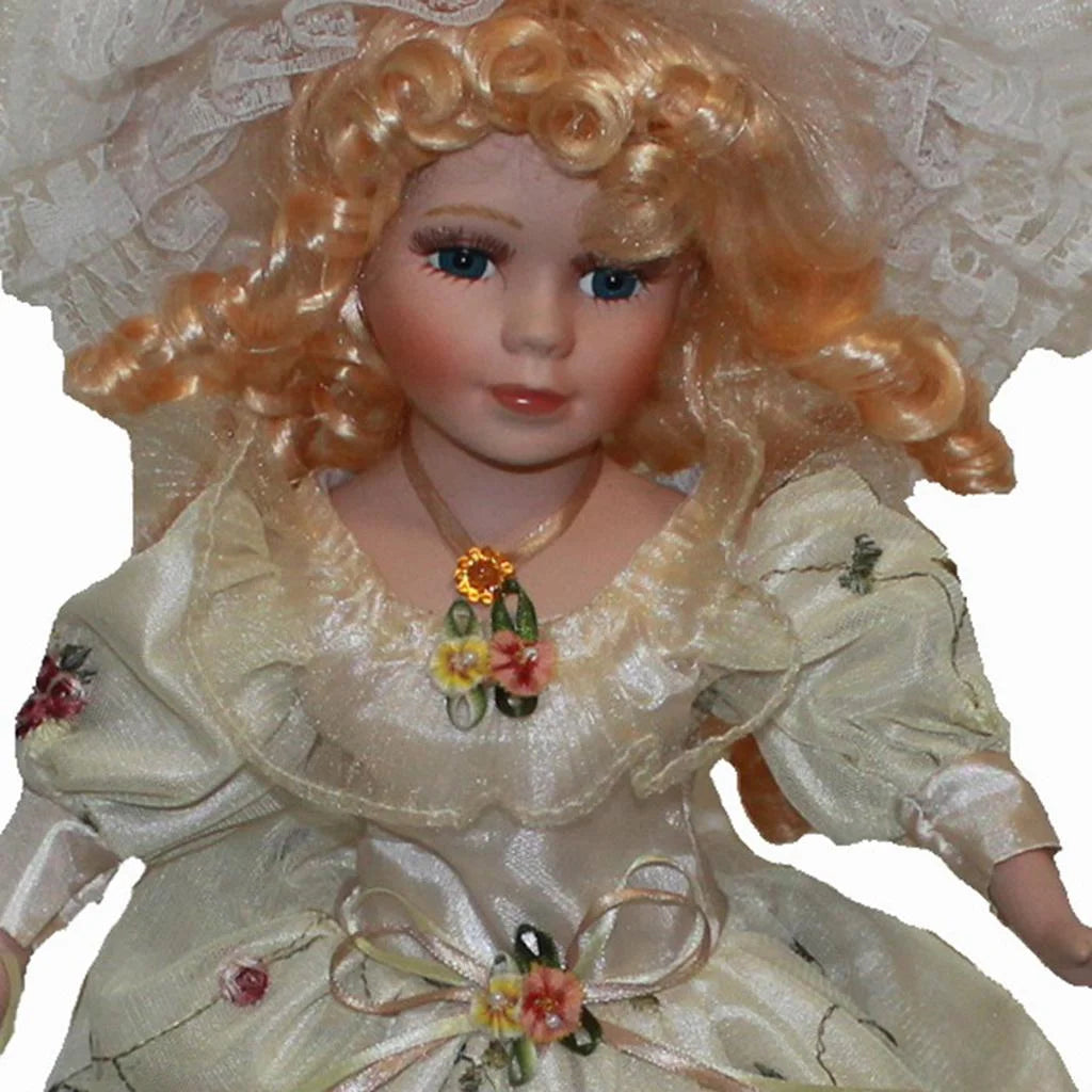 Porcelain Doll with Curly Hair and Umbrella Collectible Toy X893