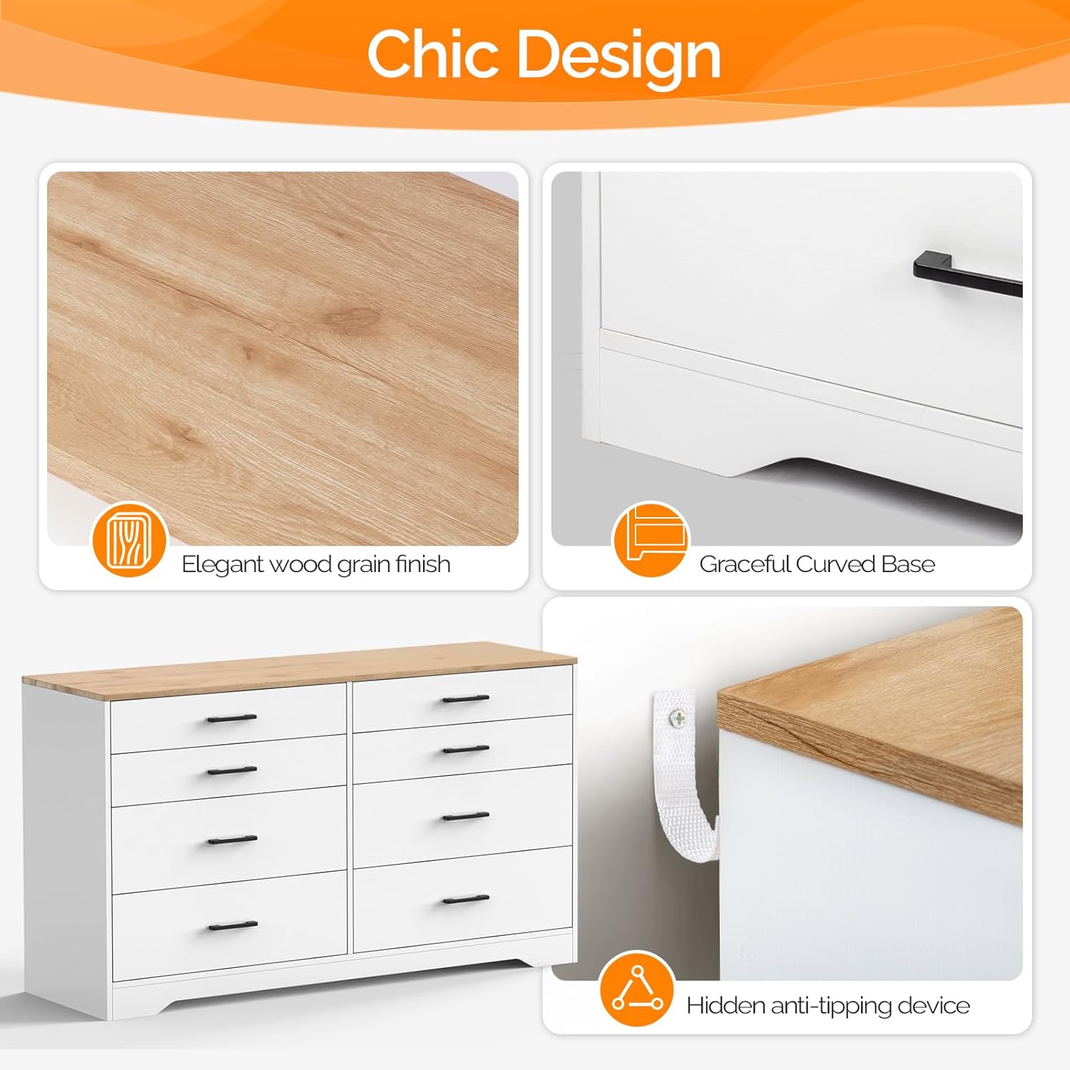 VINGLI 8 Drawer Dresser for Bedroom, White with Brown Top I1298
