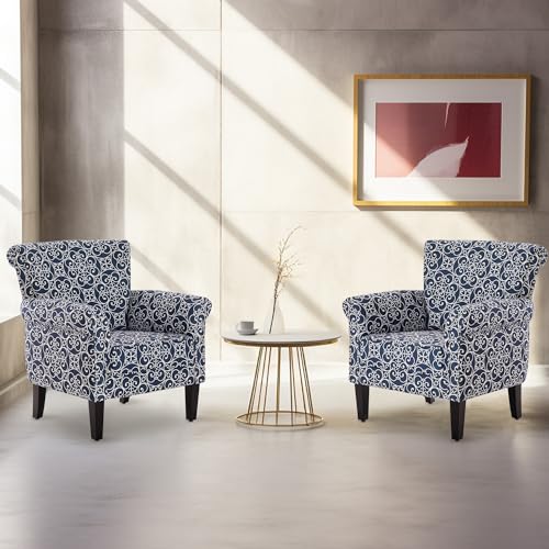 BELLEZE Upholstered Wingback Accent Chair, Navy Blue/White C510