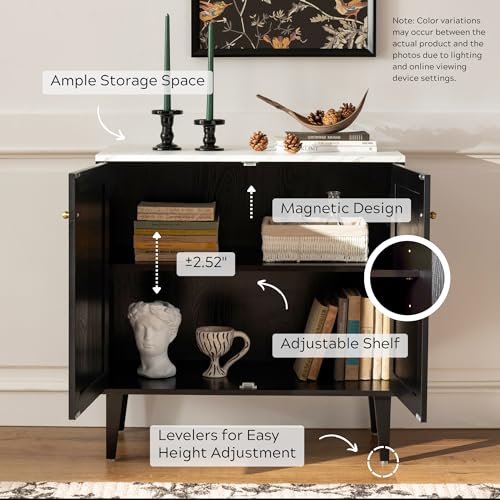 Black Storage Cabinet with Faux Marble Top & Adjustable Shelves A5746
