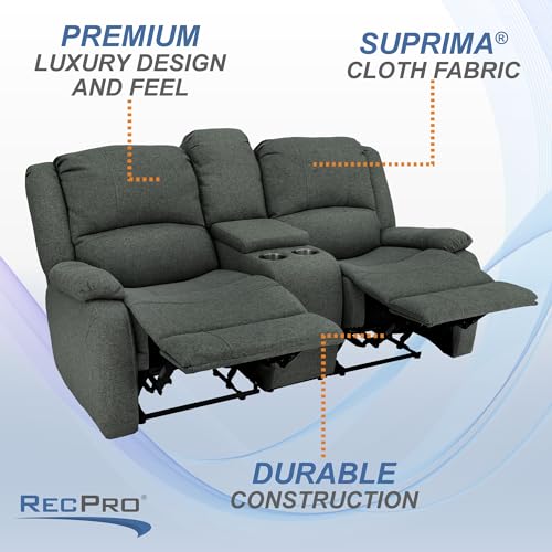 RecPro Charles 94" Double Recliner RV Sofa with Convertible Console, Fossil Cloth J7809