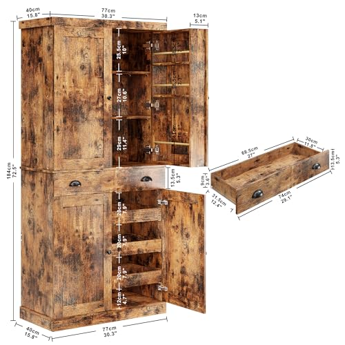 Kitchen Pantry Cabinet with Sliding Storage Rack and Hanging Shelves, 72" Tall Freestanding Cupboard M879