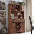 OKD 72" Farmhosue Bar Cabinet with Sliding Barn Door, Large Kitchen Buffet with Hutch w/Wine & Glasses Rack, 3 Drawers, 12 Storage Shelves, Rustic Coffee Bar Sideboard Table, Antique Brush White