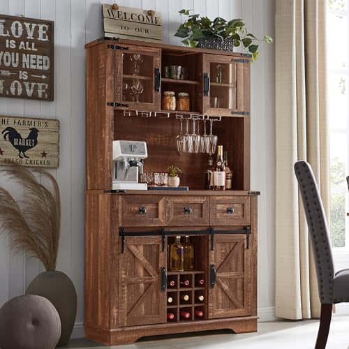 OKD 72" Farmhosue Bar Cabinet with Sliding Barn Door, Large Kitchen Buffet with Hutch w/Wine & Glasses Rack, 3 Drawers, 12 Storage Shelves, Rustic Coffee Bar Sideboard Table, Antique Brush White