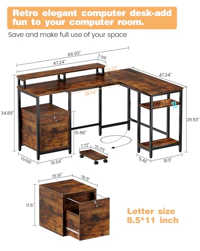 L Shaped Computer Desk with File Drawers, Power Outlets, Vintage Gray J419906