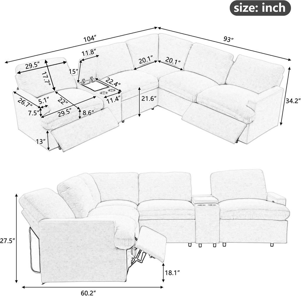 Merax 104'' L-shaped Power Recliner Sofa with Storage, Dark Grey T635868