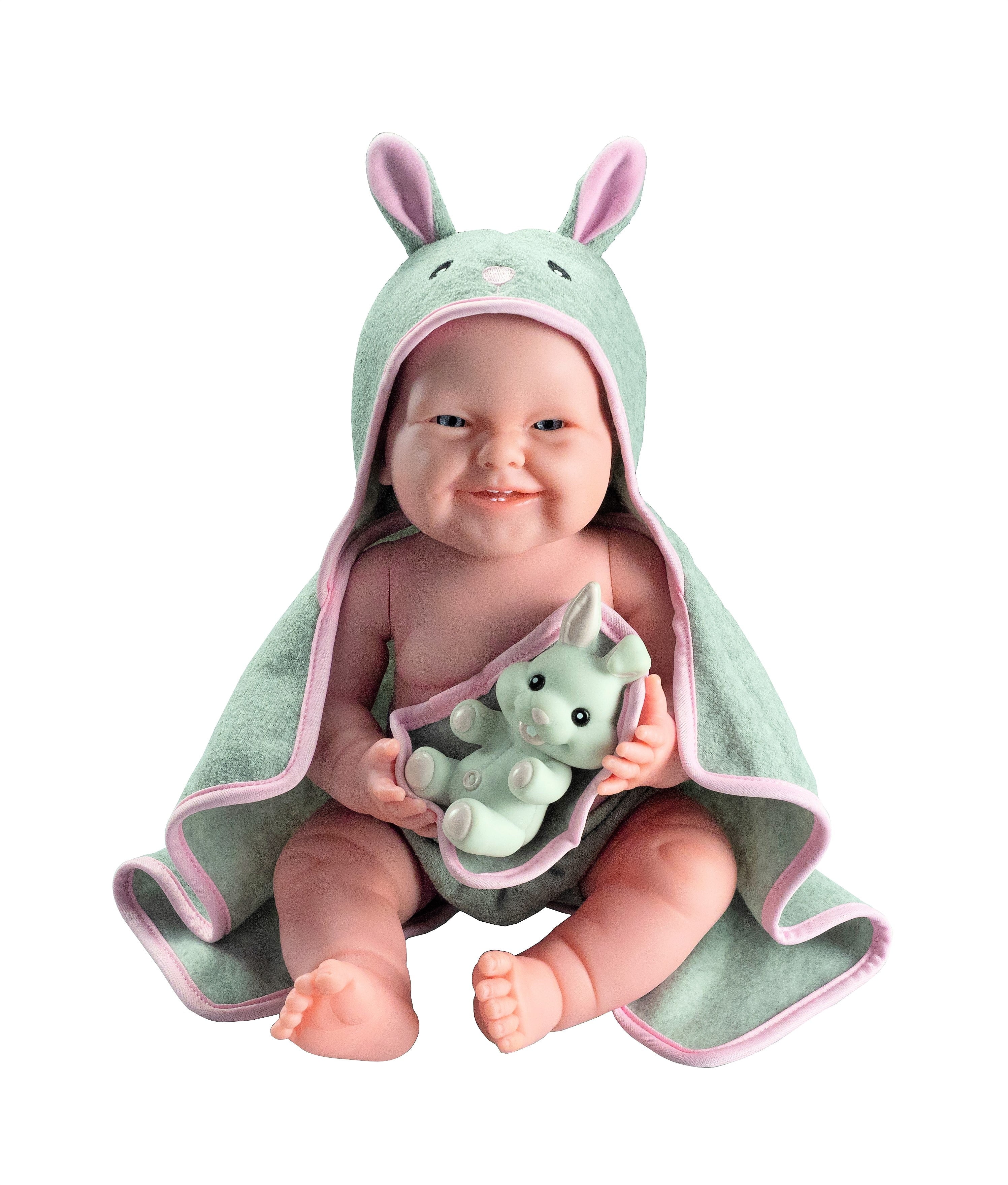 JC Toys La Newborn with Hooded Rabbit Towel - Realistic 17" Anatomically Correct Real Girl - All Vinyl Designed by Berenguer for Children 2+