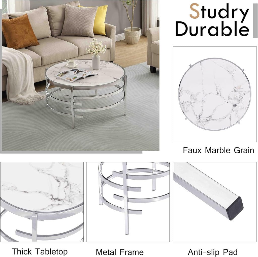 Goujxcy Modern Round Coffee Table with Faux Marble & Silver Metal Frame R713512