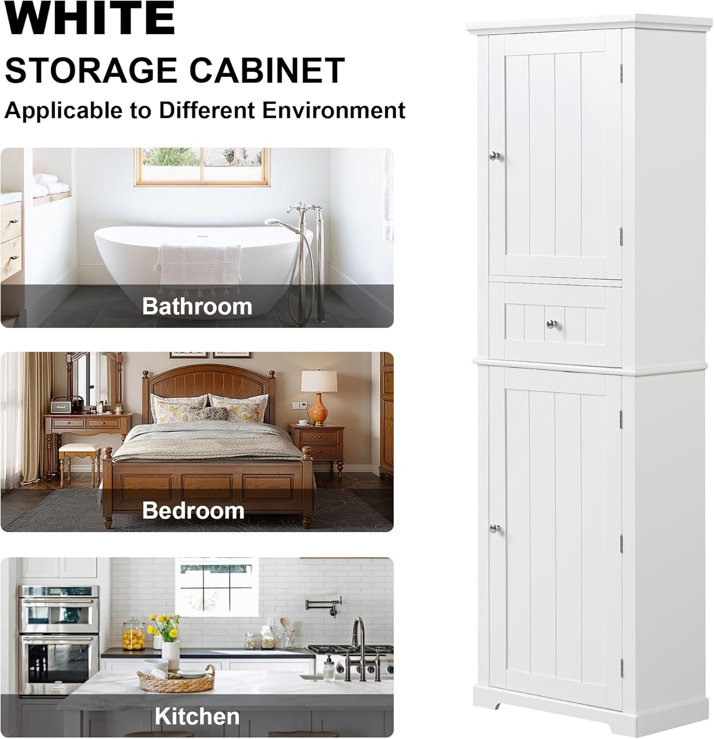DofFo Tall Linen Bathroom Storage Cabinet with 2 Doors and 1 Drawer, White H558024