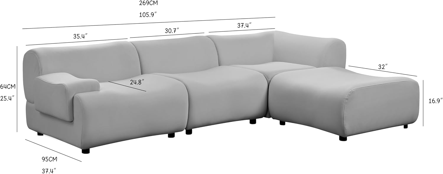 Luxury Modern Sectional Curved Sofa L-Shape Right Chaise White W737