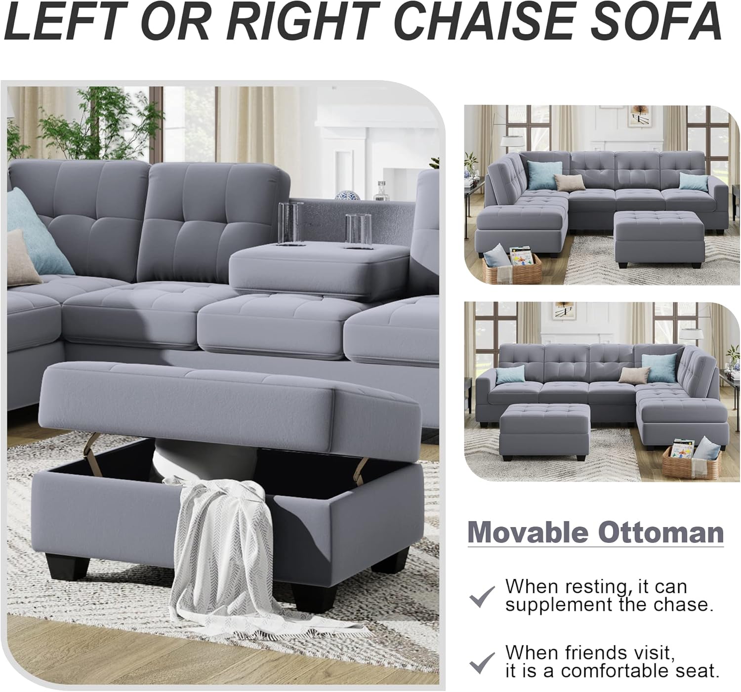 Linen Upholstered L Shaped Sofa Set with Ottoman, Light Gray S90313