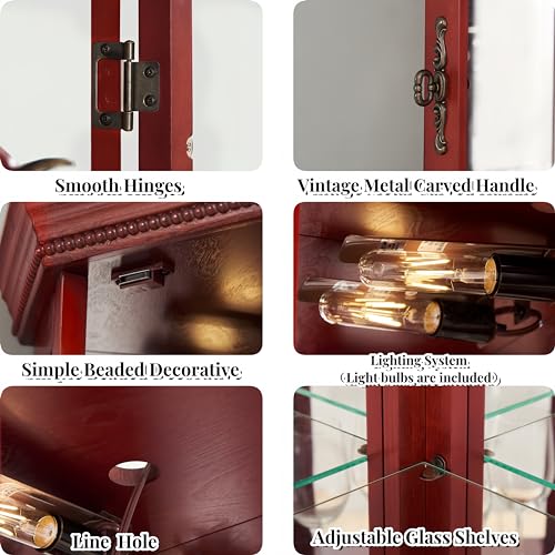 Corner Curio Cabinet Lighted Display with Glass Doors, Cherry T367989