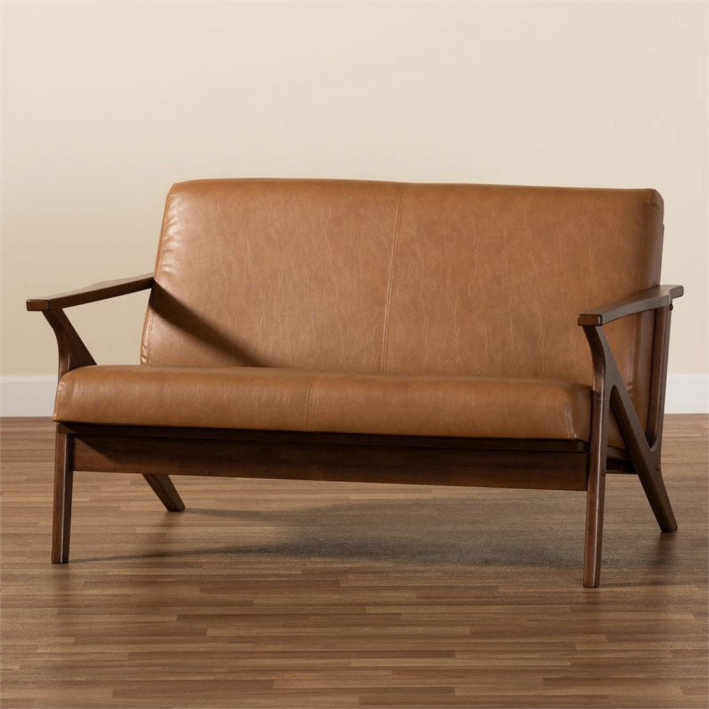 Bowery Hill Mid-Century Faux Leather Loveseat Walnut Brown/Tan Q638143