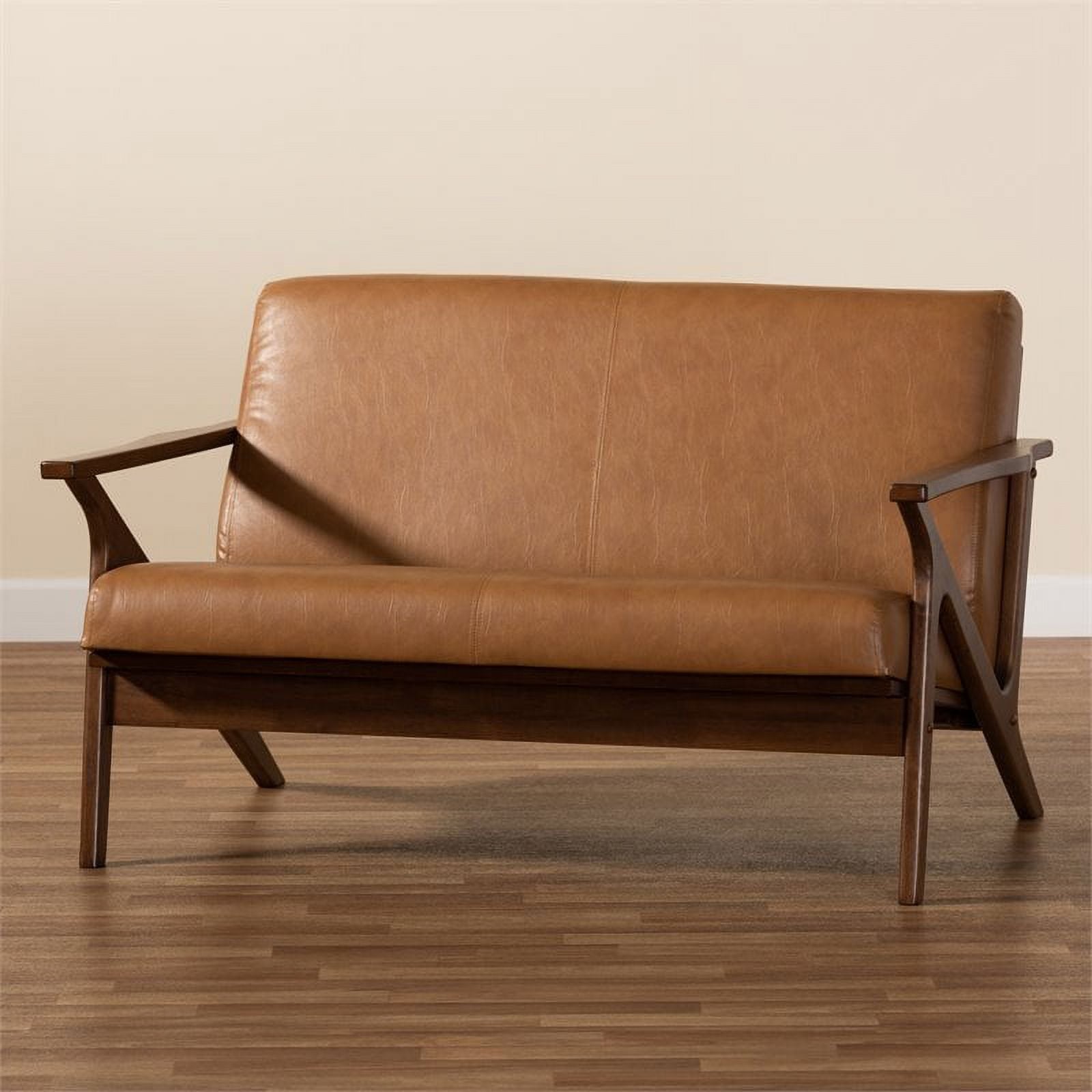 Bowery Hill Mid-Century Faux Leather Loveseat Walnut Brown/Tan Q638143