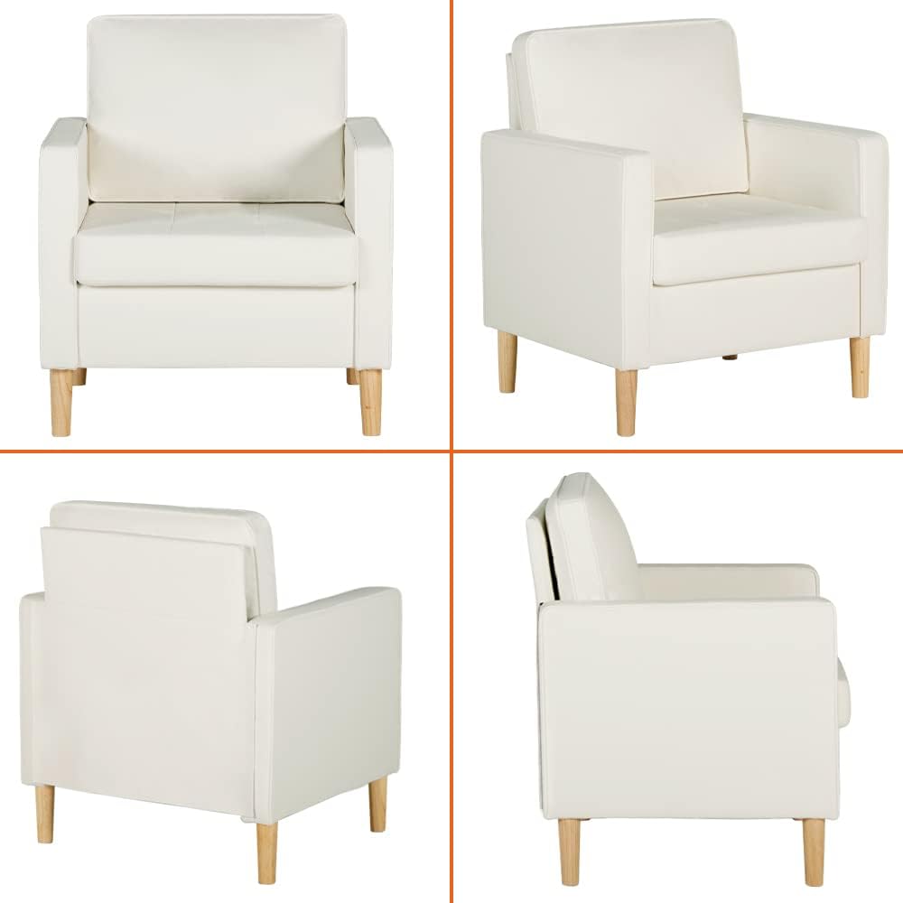 Mid-Century Faux Leather Accent Arm Chair for Living Room, Cream White A700105