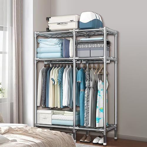 Portable Closet Metal Wardrobe with 2 Hanging Rods and Shelves C211