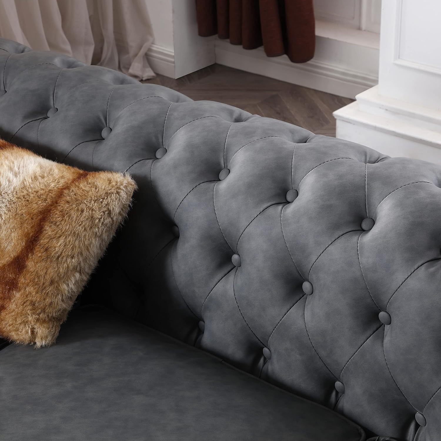 Classic Chesterfield Sofa Dark Grey Faux Leather N111
