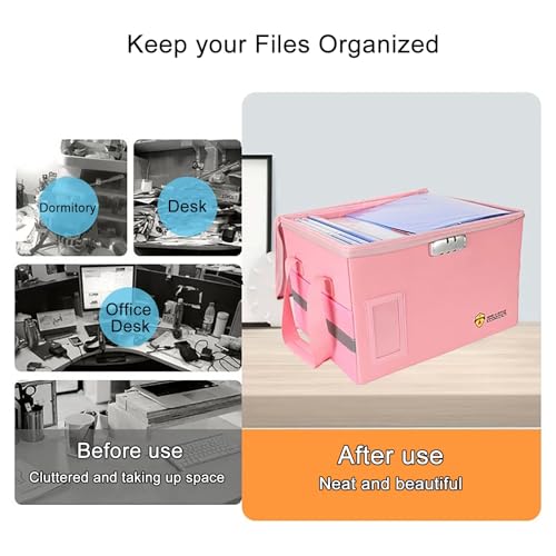 Fireproof Document Box with Lock, File Organizer for Home Office, Pink X28697