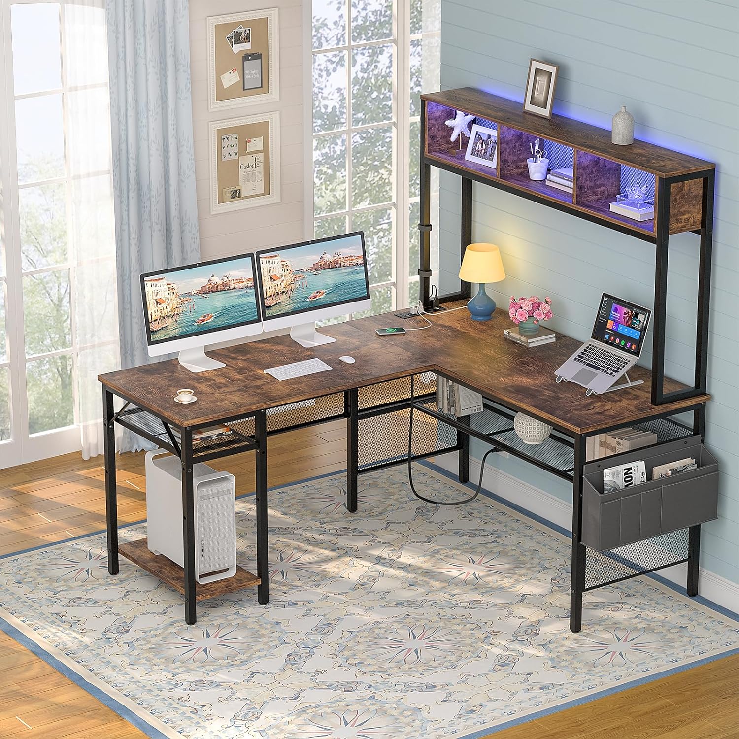 Aheaplus L Shaped Gaming Desk with LED Lights & Power Outlets, 55 Inch, Rustic Brown R818