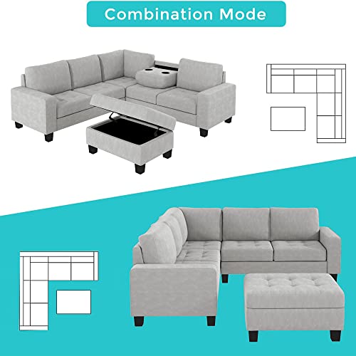L-Shape Sectional Sofa with Storage Ottoman, Light Grey X911071