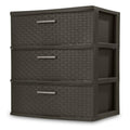 3 Drawer Wide Plastic Weave Tower with Pull Handles,Decorative Storage Drawers for Bedroom, Closet, Office, Espresso, 1-Pack