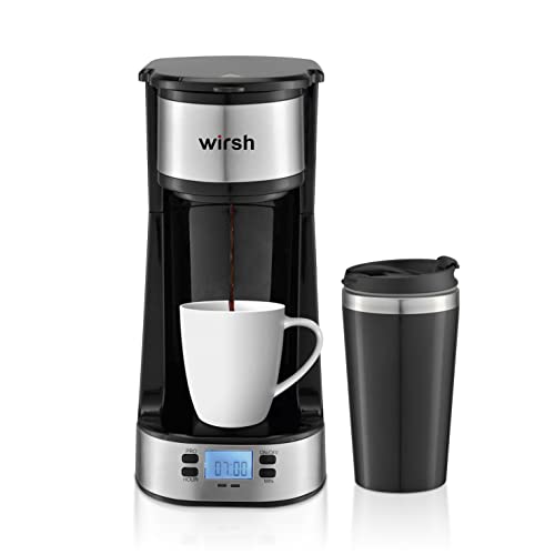 wirsh Single Serve Coffee Maker- Small Coffee Maker with Programmable Timer and LCD display, Single Cup Coffee Maker with 14 oz.Travel Mug and Reusable Coffee Filter,NON-POD Coffee Maker,Black