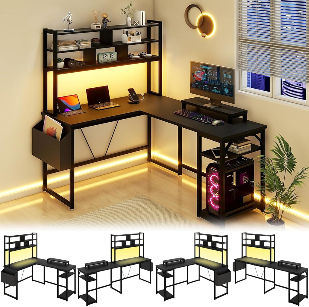 L Shaped Computer Desk with LED Lights and Power Outlets X615315