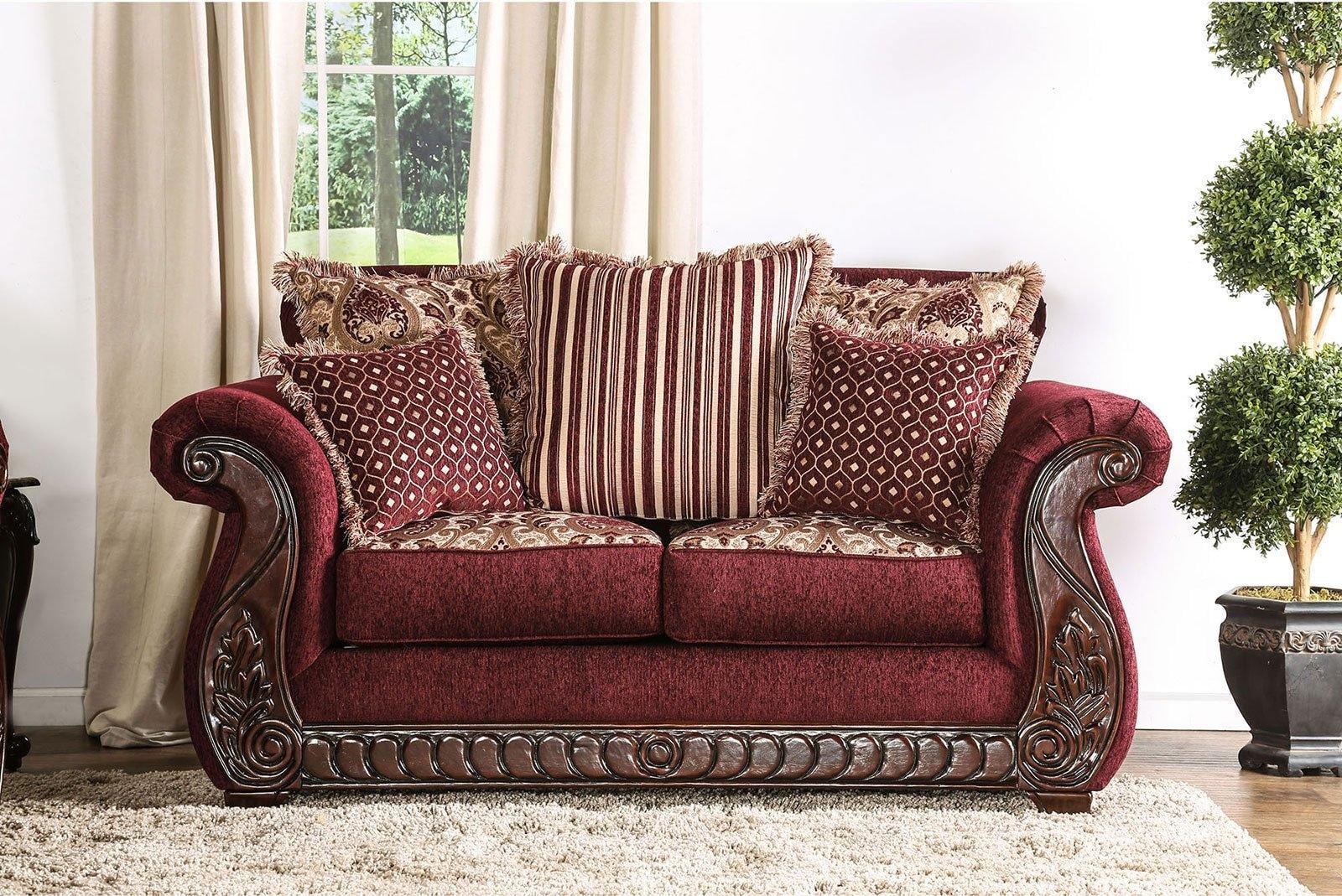 Furniture of America Tabitha Traditional Wine & Gold Fabric Living Room Set 3pcs Z234