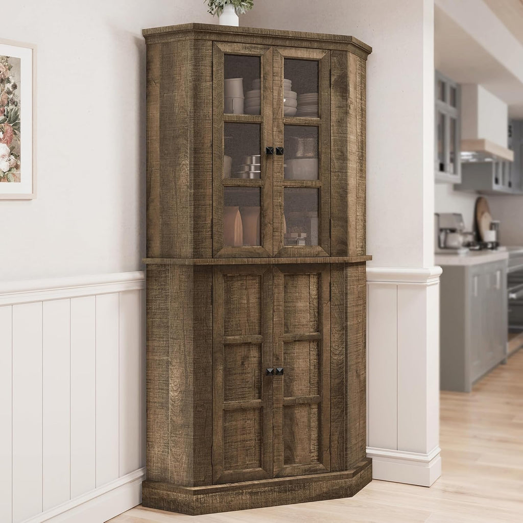 Corner Storage Cabinet, 67" Kitchen Corner Pantry Cabinet with Glass Doors, Farmhouse Tall Corner Curio Display Cabinet with Adjustable Shelves for Dining Room, Living Room, Rustic Brown