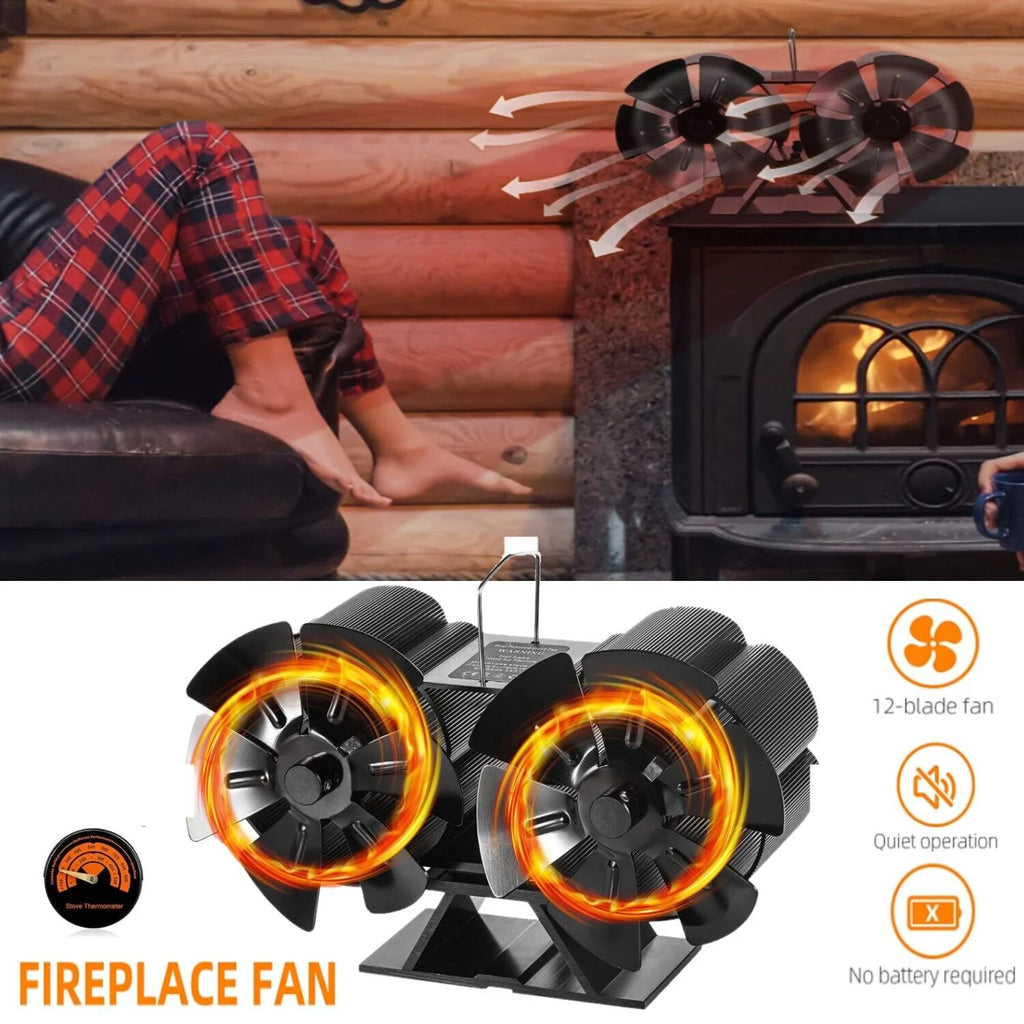Jahy2Tech 12-Blade Dual Head Wood Stove Fan with Magnetic Thermometer C56573