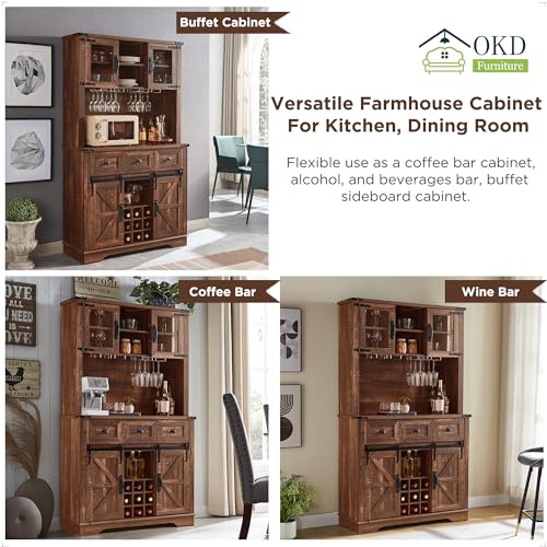 OKD 72" Farmhouse Bar Cabinet with Sliding Barn Door, Rustic White W997
