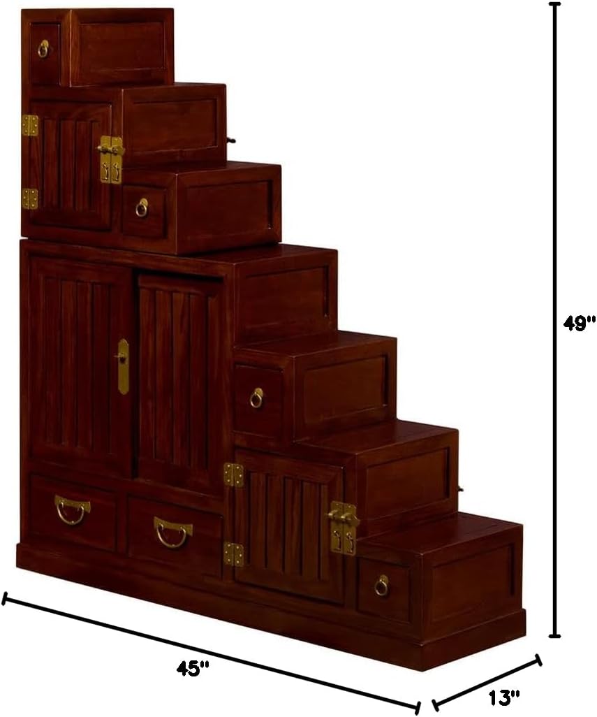 ChinaFurnitureOnline Elmwood Asian Cabinet, Japanese Step Tansu Chest A32086