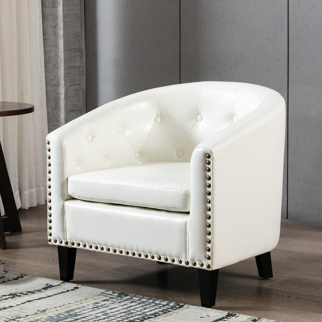 Barrel Accent Chair with Arms PU Leather and Solid Wood Legs, White Q31320