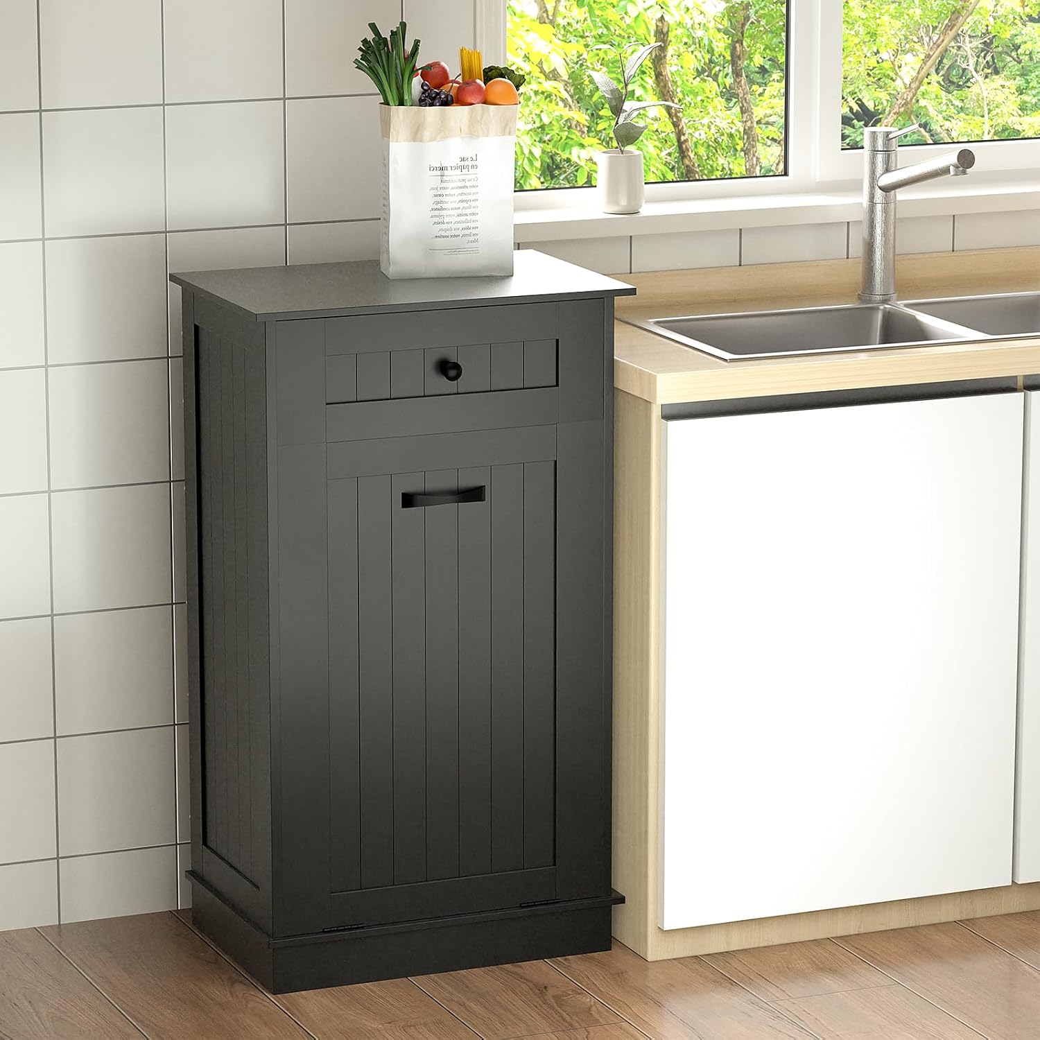 Tilt Out Trash Bin Cabinet 10 Gallons Wooden Black M8159