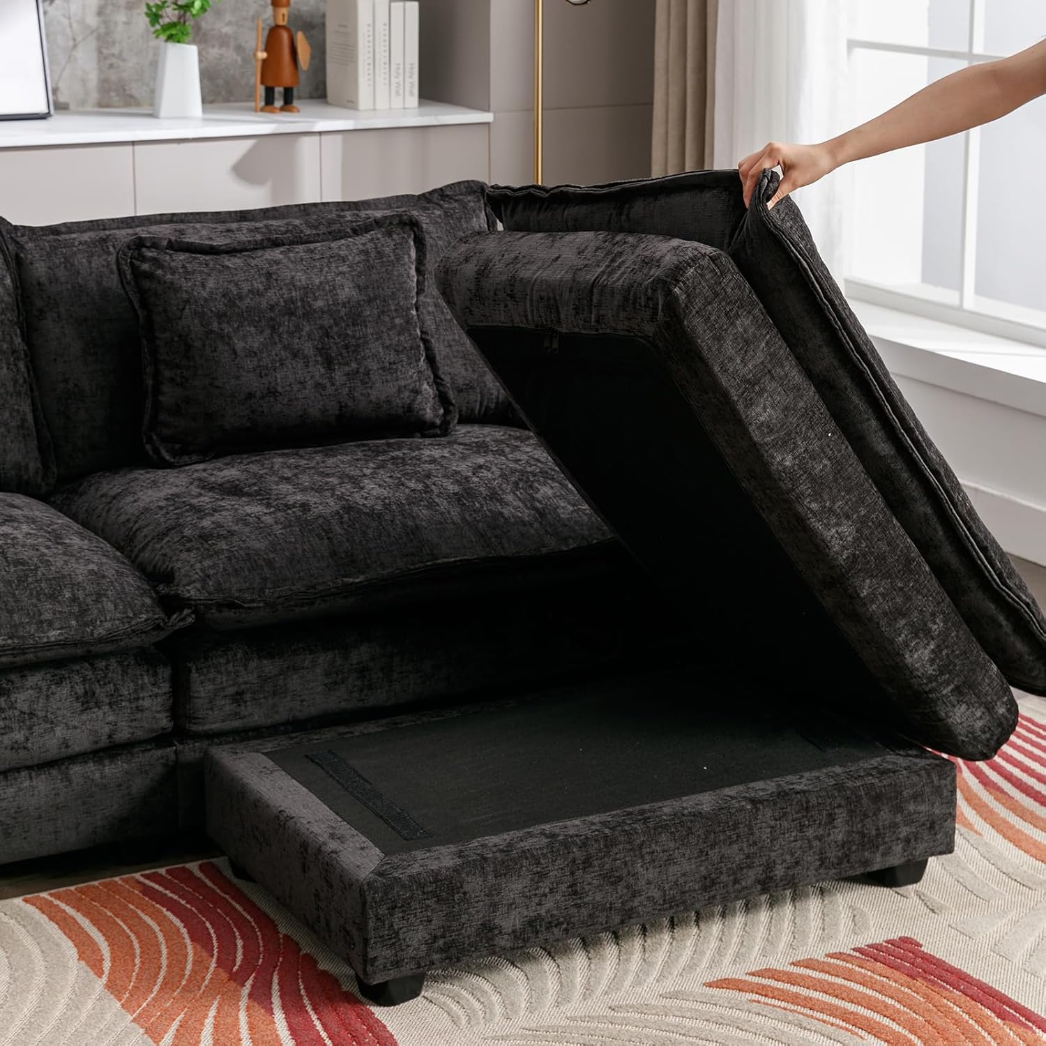 IPKIG 117" Sectional Sofa, Chenille L-Shaped Couch with Ottoman, Black L64376
