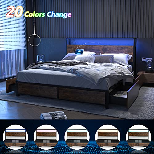 Gitua Full Size Bed Frame with Storage Drawers, LED Lights and Charging Station, Rustic Brown B13916