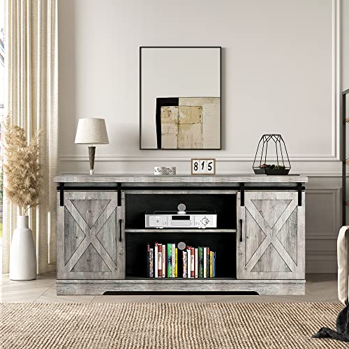 IDEALHOUSE Gray Barn Door TV Stand for 65 Inch TV, Farmhouse Entertainment Center with Storage A40792