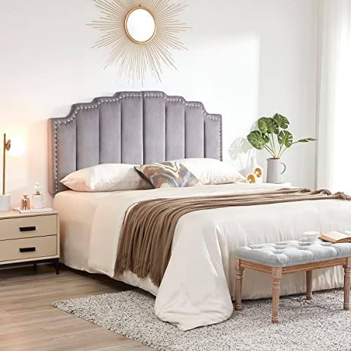 Kingfun Mid Century Velvet Upholstered Headboard for King Size Bed, Grey W923143