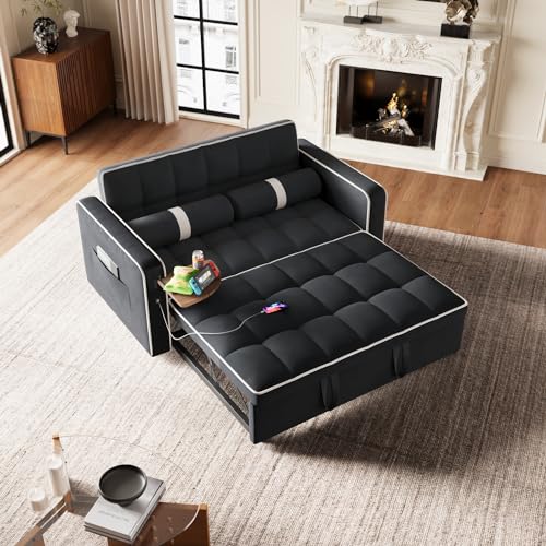 3 in 1 Sleeper Sofa Bed Convertible Loveseat Couch with Side Table, Orange W5695