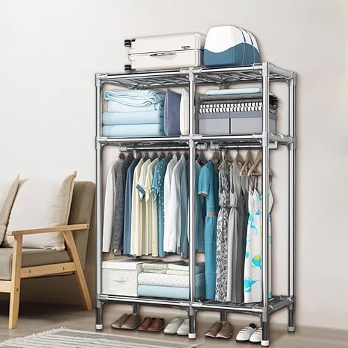 Portable Closet Metal Wardrobe with 2 Hanging Rods and Shelves C211